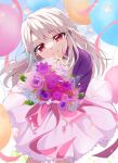 1girl balloon birthday blush bouquet commentary_request cowboy_shot fate/stay_night fate_(series) flower frilled_skirt frills highres holding holding_bouquet illyasviel_von_einzbern long_hair looking_at_viewer pink_ribbon purple_shirt red_eyes ribbon shirt skirt smile solo toyosu white_hair white_skirt 