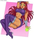  abs alien blush bracer cheekie covered_nipples dc_comics green_eyes high_heels long_hair looking_at_viewer panties pink_background pink_nails red_hair skirt starfire tank_top teen_titans underwear 