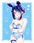  1girl animal_ears bare_shoulders blue_bow blue_bowtie blue_eyes blue_hair blue_leotard blue_theme blush bow bowtie breasts cleavage covered_navel cowboy_shot detached_collar fake_animal_ears heart highres leotard looking_at_viewer medium_breasts michi0ru myers-briggs_type_indicator open_mouth original outline playboy_bunny rabbit_ears short_hair solo strapless strapless_leotard white_outline 