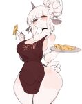  anthro apron apron_only blush bovid breasts caprine clothed clothing female fur goat hair helltaker hi_res horn lucifer_(helltaker) mammal red_eyes simple_background solo usa37107692 white_body white_fur white_hair 