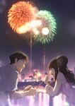  1boy 1girl absurdres bl547381 blurry blurry_background breasts brown_eyes brown_hair collared_shirt dress fireworks from_side grey_shirt hair_behind_ear highres holding_fireworks leaning_forward long_hair looking_at_another open_mouth original outdoors parted_lips pink_dress shirt skyline sleeveless sleeveless_dress small_breasts smile sparkler 