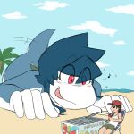  1:1 2022 anthro beach blep blue_body blue_hair duo extreme_size_difference female fish food_stand gille_bernard gum-k hair hi_res human hungry legless macro male mammal marine palm_tree plant red_eyes seaside serpentine shark size_difference tongue tongue_out tree white_body 