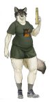  anthro canid canine canis cettus chubby_anthro chubby_female clothed clothing female footwear fully_clothed fur green_clothing hi_res holding_object looking_at_viewer mammal shell_(projectile) shoes simple_background slightly_chubby slightly_chubby_anthro slightly_chubby_female smile socks solo standing tail white_background white_body white_fur wolf 