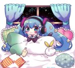  1girl :3 blue_eyes blush chibi curtains detached_sleeves eyelashes flower hair_flower hair_ornament hatsune_miku headphones heart heart_pillow highres miku_day no_nose pillow semausa sky solo spring_onion star_(sky) starry_sky stuffed_animal stuffed_toy twintails vocaloid white_flower window 