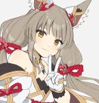  1girl animal_ears blunt_bangs blush breasts cat_ears chest_jewel core_crystal_(xenoblade) detached_sleeves facial_mark gloves grey_hair highres kinagi_(3307377) long_hair looking_at_viewer low_twintails nia_(blade)_(xenoblade) nia_(xenoblade) small_breasts smile solo twintails very_long_hair xenoblade_chronicles_(series) xenoblade_chronicles_2 yellow_eyes 