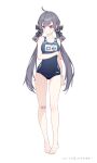  1girl absurdres ahoge bandaid bandaid_on_knee bandaid_on_leg bare_arms bare_legs bare_shoulders barefoot blue_one-piece_swimsuit blush breasts closed_mouth commentary_request covered_navel full_body grey_hair hair_between_eyes highres long_hair looking_to_the_side low_twintails medium_breasts name_tag nhan old_school_swimsuit one-piece_swimsuit red_eyes school_swimsuit simple_background sky_striker_ace_-_roze solo swimsuit twintails very_long_hair white_background yu-gi-oh! 