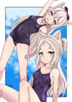 2girls :3 animal_ear_fluff animal_ears arm_up azur_lane bare_shoulders blonde_hair blue_eyes border bow breasts cat_ears commentary_request covered_navel dedorudy green_eyes hair_bow hammann_(azur_lane) hand_on_own_thigh highres long_hair looking_at_viewer multiple_girls outside_border red_bow school_swimsuit sims_(azur_lane) sitting small_breasts standing stretching swimsuit white_border white_hair 