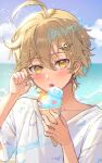  1boy aether_(genshin_impact) ahoge alternate_costume artist_name beach blonde_hair cloud cloudy_sky earrings eating food genshin_impact hair_between_eyes hair_ornament ice_cream ice_cream_cone jewelry male_focus medium_hair miryoryo9 ocean open_mouth shirt sky slime_(genshin_impact) solo t-shirt tongue tongue_out twitter_username white_shirt yellow_eyes 