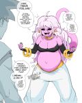  belly big_belly big_breasts black_sclera bottomwear breasts cleavage clothed clothing dialogue directional_arrow dragon_ball ear_piercing ear_ring fangs female goku hair hi_res huge_breasts human humanoid humanoid_pointy_ears lewdlemage majin majin_buu mammal navel open_mouth pants piercing pink_body pink_skin pregnant red_eyes ring_piercing saiyan simple_background solo speech_bubble tail teeth text topwear white_hair 