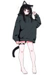  1girl animal_ear_fluff animal_ears arm_up bare_legs barefoot black_eyes black_hair blush blush_stickers cat_ears cat_girl cat_tail cat_thigh_strap dot_mouth full_body grey_hoodie highres hood hoodie legs looking_at_viewer megateru nose_blush notice_lines original solo surprised tail thigh_strap white_background 