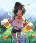  1girl absurdres alcohol alternate_costume barmaid beer beer_mug black_hair breasts chainsaw_man cleavage cup day eyepatch food german_clothes green_eyes haysey highres himeno_(chainsaw_man) jack-o&#039;-lantern large_breasts looking_at_viewer mountain mouth_hold mug oktoberfest outdoors pretzel solo thighhighs white_thighhighs 