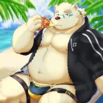  1:1 absurd_res anthro beach bear belly bulge clothing eating eyewear food fur glasses hi_res jacket leib_(tas) lifewonders male mammal musclegut navel nipples pecs pizza polar_bear ruoain sand seaside solo speedo swimwear thigh_strap tokyo_afterschool_summoners topwear ursine white_body white_fur 