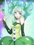  1girl :d absurdres aqua_wings bare_shoulders blue_eyes breasts clover clover_hair_ornament detached_sleeves dress facial_mark fairy fairy_wings falling_petals forehead_mark four-leaf_clover four-leaf_clover_hair_ornament green_dress green_hair green_sleeves hair_ornament hair_rings hand_up head_tilt highres kumu_zaisheng lan_(xiao_huaxian) looking_at_viewer multicolored_background petals pink_lips short_eyebrows sleeveless sleeveless_dress smile solo sparkle teeth upper_body wings xiao_huaxian 