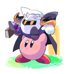  armor blush_stickers book cape carrying_overhead commentary_request gloves highres holding holding_book kirby kirby_(series) ksni_tbn mask meta_knight no_humans pauldrons shoulder_armor solid_oval_eyes white_gloves yellow_eyes 