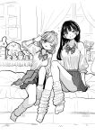  2girls black_hair blush boku_no_kokoro_no_yabai_yatsu bow bowtie bracelet full_body greyscale gyaru highres jewelry loose_socks monochrome multiple_girls no_shoes official_art on_bed one_eye_closed sakurai_norio sekine_moeko skirt smile socks stuffed_animal stuffed_toy v window yamada_anna 