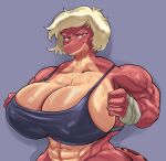  2023 abs amphibia_(series) amphibian anthro big_breasts black_clothing black_topwear blonde_hair bodily_fluids breasts cleavage clothed clothing digital_media_(artwork) disney fan_character female hair hi_res huge_breasts looking_at_viewer mature_female muscular muscular_anthro muscular_female newt odelia_(thedarkzircon) pink_body pink_skin salamander short_hair simple_background smile solo sweat tail thedarkzircon topwear 