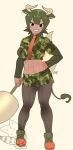  1girl abs animal_ears aurochs_(kemono_friends) blush_stickers breasts brown_eyes brown_pantyhose camouflage camouflage_shirt camouflage_skirt commentary_request cow_ears cow_girl crop_top dark-skinned_female dark_skin empty_eyes full_body green_footwear green_hair green_shirt green_skirt grin groin hand_on_own_hip highres holding holding_polearm holding_weapon horn_lance horns kemono_friends large_breasts layered_sleeves long_sleeves looking_at_viewer lucky_beast_(kemono_friends) midriff miniskirt multicolored_hair muscular muscular_female navel necktie pantyhose partial_commentary polearm shirt shoes short_hair short_sleeves side_slit sidelocks signature simple_background skirt smile solo_focus standing striped_tail sweat tail teeth third_n weapon white_background 