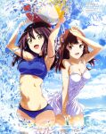  2girls :d absurdres arm_up armpits arms_up ball beachball bikini blue_bikini blue_sky breasts brown_eyes brown_hair cleavage cloud day eleonore_giovanna_gassion grace_maitland_steward highres luminous_witches mc_axis medium_breasts medium_hair multiple_girls navel official_art open_mouth outdoors scan sky smile sunlight swimsuit wading water wet world_witches_series yellow_eyes 