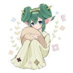  1girl blush_stickers bow double_bun eyelashes green_bow green_hair hair_between_eyes hair_bow hair_bun hat highres holding holding_clothes holding_hat kashima_miyako lidelle_(puyopuyo) long_sleeves looking_at_viewer parted_lips pointy_ears puyopuyo puyopuyo_fever ribbed_sweater short_hair sleeves_past_fingers sleeves_past_wrists solo sun_hat sweater unworn_hat unworn_headwear white_sweater yellow_horns 