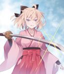  1girl blonde_hair fate/grand_order fate_(series) gloves grey_eyes highres japanese_clothes kimono okita_souji_(fate) ouka0270 pink_kimono ribbon smile solo sword weapon 