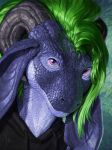  anthro black_clothing black_hoodie black_topwear blue_eyes bust_portrait clothed clothing detailed front_view glistening glistening_eyes green_hair hair hi_res hoodie horn khyaber looking_at_viewer mouth_closed portrait purple_body purple_scales scales scalie simple_background solo topwear 