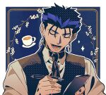  1boy black_necktie black_vest blue_hair border closed_eyes coffee collared_shirt cu_chulainn_(fate) cup facing_viewer fate_(series) fingernails hal_(haaaalhal) holding holding_notepad holding_pen long_hair lower_teeth_only male_focus mug necktie notepad pen plate ponytail shirt silver_earrings solo sparkle teeth upper_body vest white_border white_shirt 