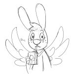  2023 angel angel_gabby angel_hare anthro back_wings biped black_eyes clothed clothing drinking eyebrows feathered_wings feathers female freckles front_view head_tuft holding_juice_box juice_box lagomorph leporid mammal rabbit simple_background sketch solo soulcentinel standing tuft wings 