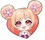  1girl :d blonde_hair chibi double_bun envelope flower hair_bun hair_flower hair_ornament heart_border highres holding holding_envelope holding_letter kumu_zaisheng letter looking_at_viewer love_letter outside_border pink_flower purple_shirt red_eyes shirt smile solo sparkle teeth upper_body upper_teeth_only valentine white_sleeves xia_an&#039;an xiao_huaxian 