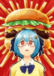  1girl @_@ absurdres blue_bow blue_hair blue_ribbon blush bow burger burger_hair_ornament cheese collared_shirt drooling food food-themed_hair_ornament french_fries hair_between_eyes hair_ornament hamburger-chan_(hundredburger) highres ko-chin-4327 lettuce meat mouth_drool no_nose original red-framed_eyewear red_background red_eyes ribbon semi-rimless_eyewear shirt short_hair solo sweater tomato tomato_slice upper_body white_shirt 