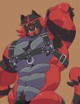  2023 abs absurd_res anthro arm_tuft armpit_hair beard biceps black_beard black_body black_fur black_nipples black_stripes body_hair chest_tuft elbow_tuft facial_hair featureless_crotch fur generation_7_pokemon grey_body grey_fur hand_behind_head harness head_markings hi_res incineroar juggerpepper looking_at_viewer male markings nintendo nipples pantsless pokemon pokemon_(species) pubes red_body red_eyes red_fur solo spiked_tail spikes spikes_(anatomy) stripes tail triceps tuft yellow_sclera 