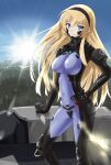 1girl black_hairband blue_eyes breasts covered_navel forest fortified_suit hair_behind_ear hairband hand_on_own_hip highres irisdina_bernhard long_hair looking_at_viewer medium_breasts muv-luv muv-luv_alternative nature pilot_suit schwarzesmarken skin_tight sky smile solo sunlight tsutarou very_long_hair 