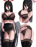  1girl bare_shoulders black_choker black_hair black_wings blue_archive blush bra breasts choker cleavage duplicate garter_belt hair_between_eyes halo hasumi_(blue_archive) highres lace-trimmed_bra lace-trimmed_legwear lace-trimmed_panties lace_trim large_breasts long_hair long_skirt looking_at_viewer mole mole_under_eye multiple_views navel panties pixel-perfect_duplicate red_eyes skirt stomach textless_version thighs underwear very_long_hair white_background wings yamikyon 