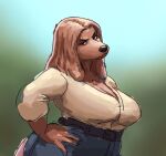  2023 anthro breasts brown_body brown_fur brown_hair canid canine canis cleavage clothed clothing domestic_dog female fur hair hand_on_hip hi_res male mammal redustheriotact slightly_chubby slightly_chubby_female slightly_chubby_male solo 
