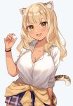  1girl :3 animal_ears blonde_hair blush breasts cardigan cardigan_around_waist cleavage clothes_around_waist collared_shirt fang gyaru hair_tie hand_up highres kawagami_raito large_breasts leopard_ears leopard_girl leopard_tail long_sleeves looking_at_viewer nail_polish open_clothes open_mouth open_shirt original plaid plaid_skirt pleated_skirt school_uniform shirt skirt sleeves_rolled_up smile solo tail tan yellow_eyes 