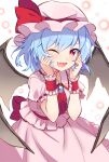  1girl ;d ascot bat_wings blue_hair bright_pupils brooch commentary danmaku e.o. hands_up hat highres jewelry looking_at_viewer mob_cap one_eye_closed open_mouth pink_headwear red_ascot remilia_scarlet simple_background smile solo touhou white_background wings wrist_cuffs 