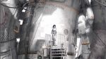  1girl air_conditioner arms_behind_back black_hair bodysuit cable full_body highres industrial industrial_pipe looking_to_the_side original science_fiction short_hair solo stairs standing sunlight white_bodysuit wire ya_yan 