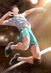  1boy ball black_footwear clothes_lift green_shorts haikyuu!! highres male_focus oikawa_tooru_(haikyuu!!) ryeomiii shirt shirt_lift short_sleeves shorts solo volleyball volleyball_net white_shirt 