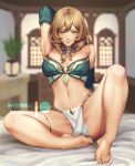  1girl arm_over_head armpits arms_behind_back artist_name bare_shoulders barefoot bed_sheet blurry blurry_background breasts brown_hair closed_mouth detached_sleeves drawer english_commentary feet full_body gem genshin_impact green_eyes hair_between_eyes hair_ornament indoors jewelry knee_up legs legs_folded lisa_(genshin_impact) loincloth looking_at_viewer low_twintails medium_breasts mystra77 nail_polish navel patreon_username plant potted_plant presenting_armpit shadow smile solo spread_legs table thighs toenail_polish toenails toes twintails video_game window 