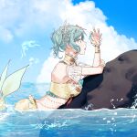  1girl absurdres aqua_hair bang_dream! beach beads cloud commentary cuffs day detached_collar detached_sleeves green_eyes highres hikawa_hina mermaid monster_girl monsterification ocean open_mouth outdoors ponytail short_hair sidelocks sky solo swimsuit zihacheol 