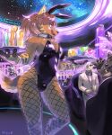  beverage black_clothing brown_body brown_fur bulge bunny_costume canid canine canis clothed clothing costume crossdressing fishnet fishnet_clothing fishnet_legwear fur girly humanoid legwear male mammal public tight_clothing utsuki_maito waiter waiter_tray wolf 