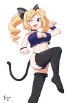  1girl akashieru animal_ears artist_name black_thighhighs blonde_hair blue_bra blue_eyes blue_panties bra breasts cat_cutout cat_ears cat_lingerie cat_tail cleavage clothing_cutout commentary_request drill_hair feet_out_of_frame frilled_bra frilled_thighhighs frills highres honolulu_(kancolle) kantai_collection large_breasts leg_up long_hair meme_attire panties paw_pose signature simple_background solo tail thighhighs twin_drills twintails underwear white_background 