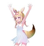  1girl absurdres alternate_costume alternate_hairstyle animal_ear_fluff animal_ears arms_up bare_shoulders black_hair blonde_hair blue_nails blush braid breasts cowboy_shot dress epilogue_in_the_attic_(hololive) fox_ears fox_girl fox_tail heart heart-shaped_pupils highres hololive ichijo_rei looking_to_the_side medium_breasts medium_hair multicolored_hair nail_polish official_art omaru_polka outstretched_arms pink_hair purple_eyes sidelocks simple_background sleeveless sleeveless_dress smile solo spaghetti_strap streaked_hair symbol-shaped_pupils tail twin_braids twintails virtual_youtuber white_background white_dress 