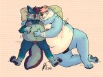  anthro bear belly belly_overhang belly_rub blue_body blue_fur blush canid canine canis clothed clothing cuddling embarrassed fur hair hand_on_stomach hi_res jockstrap jockstrap_only male mammal mutual_weight_gain nipples obese obese_anthro obese_male overweight overweight_anthro overweight_male pillow pink_hair purple_hair raccoonkind series small_clothing topless toza underwear underwear_only weight_gain wolf yukon 