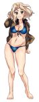  1girl 9s0ykoyama117 absurdres bikini blonde_hair blue_bikini blue_eyes breasts girls_und_panzer highres jacket kay_(girls_und_panzer) looking_at_viewer medium_breasts open_clothes open_jacket solo swimsuit 