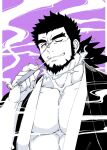  1boy bara black_hair draw_two fire greyscale_with_colored_background holding holding_smoking_pipe japanese_clothes kimono male_focus muscular muscular_male one_eye_closed pectorals ponytail sandayu_(housamo) scar scar_on_cheek scar_on_face smoke smoking_pipe solo tokyo_afterschool_summoners yukata 