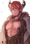  1boy animal_ears arknights artist_request bara bare_pectorals beard chest_hair cow_boy cow_ears cow_horns dog_tags facial_hair highres horns humus_(arknights) large_pectorals looking_ahead male_focus mature_male multicolored_hair muscular muscular_male outline pectorals red_hair red_outline short_hair smile solo streaked_hair thick_eyebrows upper_body 