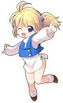  1girl bangs blonde_hair blue_eyes blue_vest blush brown_footwear commentary_request dress emurin full_body hair_bobbles hair_ornament looking_at_viewer one_eye_closed one_side_up open_mouth presia_zenoskis shoes short_dress short_hair simple_background smile socks solo super_robot_wars super_robot_wars_the_lord_of_elemental vest white_background white_dress white_socks 