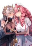  2girls absurdres black_dress blush breasts commission demon_girl demon_horns demon_tail dress drill_hair grey_hair grin hakusyokuto hat highres holding_hands horns indie_virtual_youtuber kagome_(vtuber) large_breasts long_hair looking_at_another mole mole_under_eye multiple_girls nose_blush nurse nurse_cap pink_hair pointy_ears puffy_short_sleeves puffy_sleeves purple_eyes short_sleeves skeb_commission smile stitched_arm stitched_neck stitches tail torn_clothes torn_dress twin_drills undead virtual_youtuber white_dress white_headwear yellow_eyes yuri zombie 