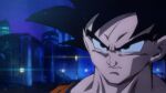  1boy aiveravane black_hair blue_shirt building close-up commentary derivative_work dougi dragon_ball dragon_ball_z english_commentary frown highres hisada_kazuya lamppost male_focus muscular muscular_male night orange_shirt serious shirt solo son_goku spiked_hair v-shaped_eyebrows 