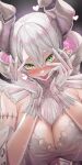  1girl breasts cleavage crazy crazy_eyes crazy_smile demon_girl demon_horns dress duel_monster empty_eyes gloves grey_eyes grey_hair hands_on_own_face highres horns large_breasts leotard leotard_under_clothes looking_at_viewer lovely_labrynth_of_the_silver_castle pointy_ears sayaka_ikku solo spread_cleavage twintails white_hair white_horns yandere yandere_trance you_gonna_get_raped yu-gi-oh! 